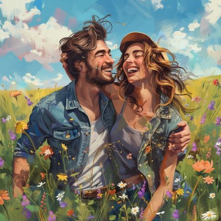 Spring fling painting: man and woman laughing with arms around one another, in a field of spring flowers